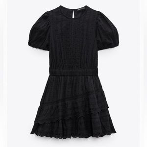 Zara Black Embroidered Prairie Dress Lace Insert NEW w/ TAGS